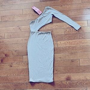 Shop Official Bee one shoulder, one sleeve cut out tan taupe dress